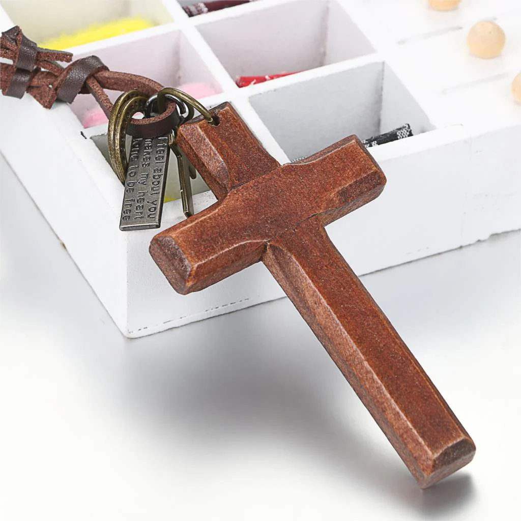 Vintage Wood Cross Leather Necklace - Image 4