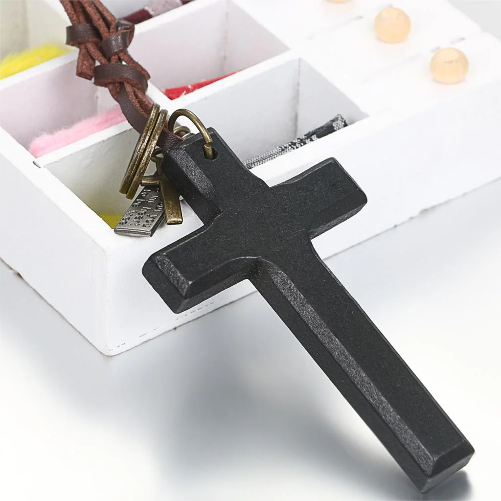 Vintage Wood Cross Leather Necklace - Image 5
