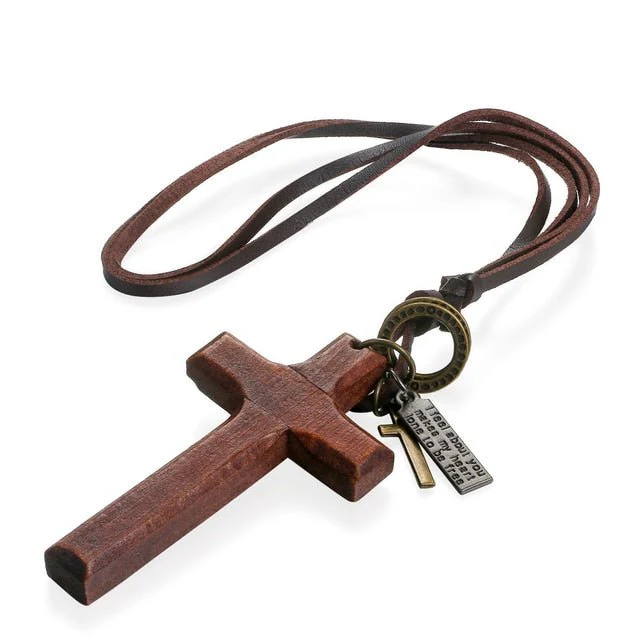 Vintage Wood Cross Leather Necklace - Image 7