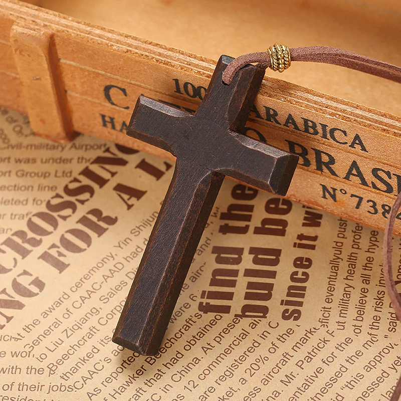 Vintage Wood Cross Leather Necklace - Image 2