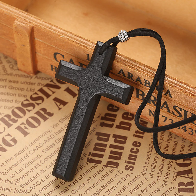 Vintage Wood Cross Leather Necklace - Image 3