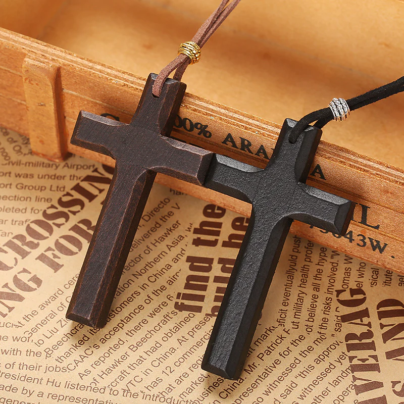 Vintage Wood Cross Leather Necklace - Image 4
