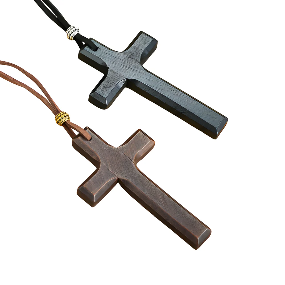 Vintage Wood Cross Leather Necklace - Image 7