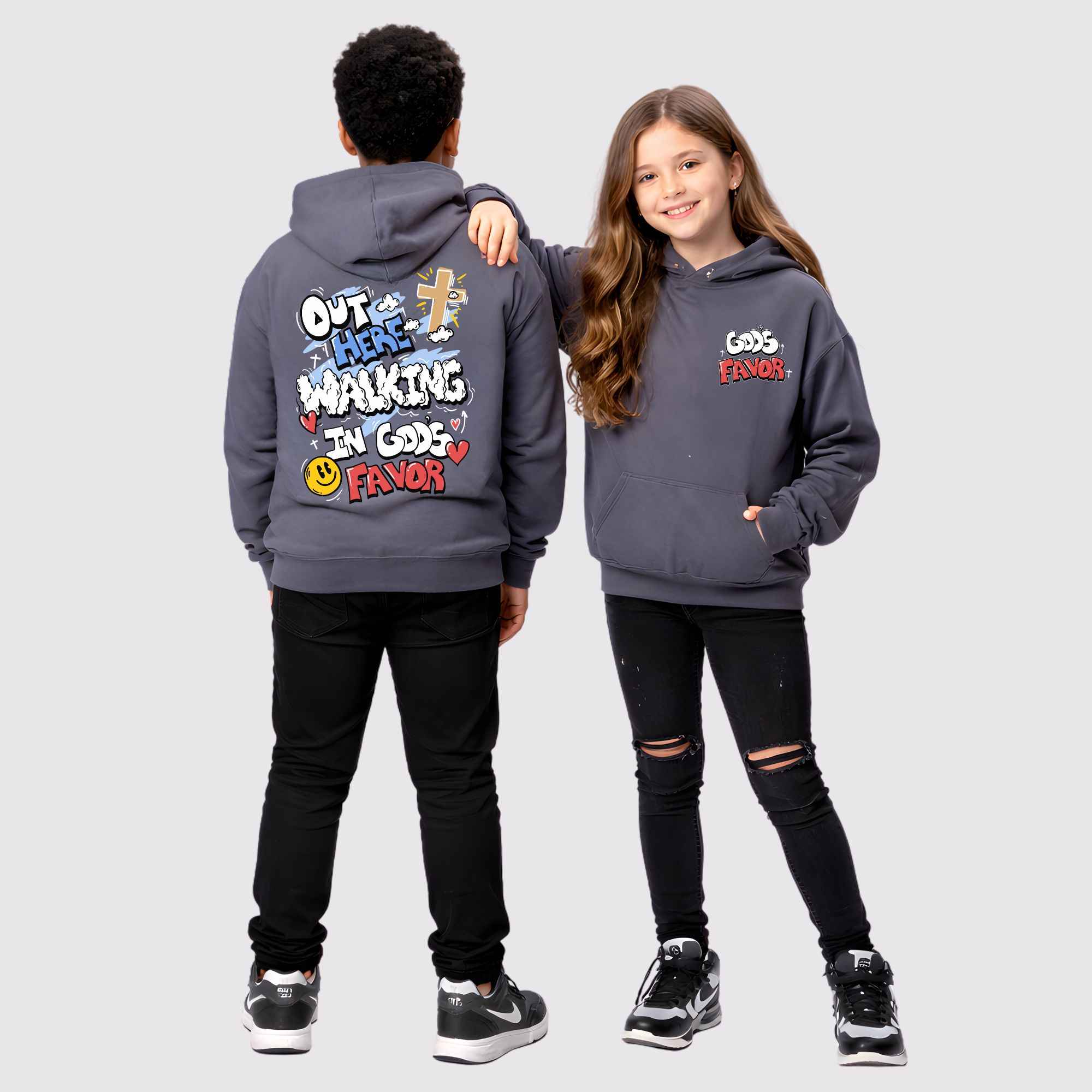 Walking In God's Favor Psalm Kids Hoodie (Charcoal) - Image 4